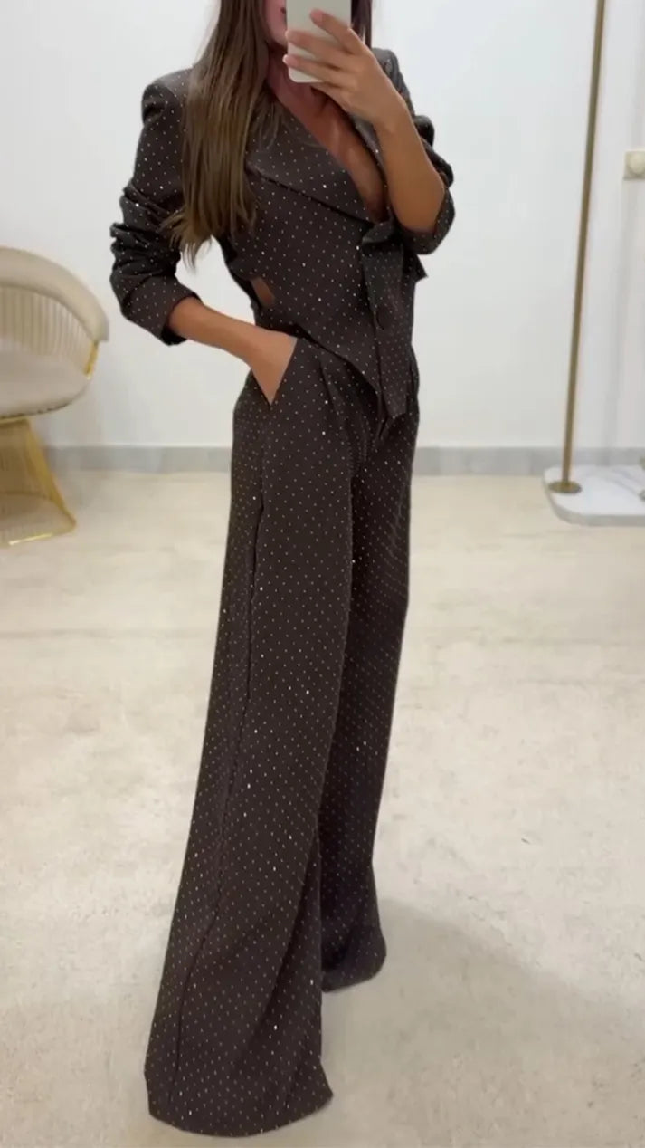 Women Lapel Irregular Hot Diamond Top + Pants Temperament Commuter Suit