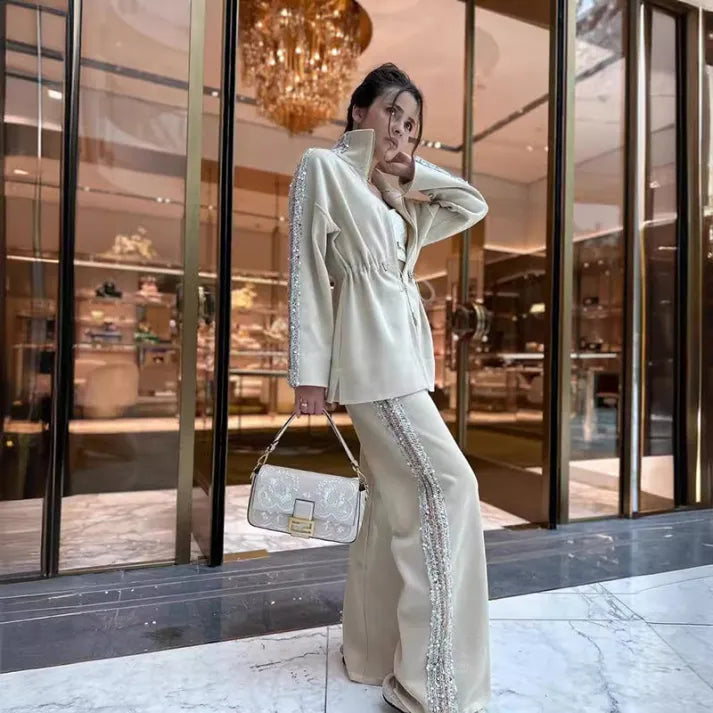 Women's Elegant Sequin-Trimmed Top and Wide-Leg Pants Set