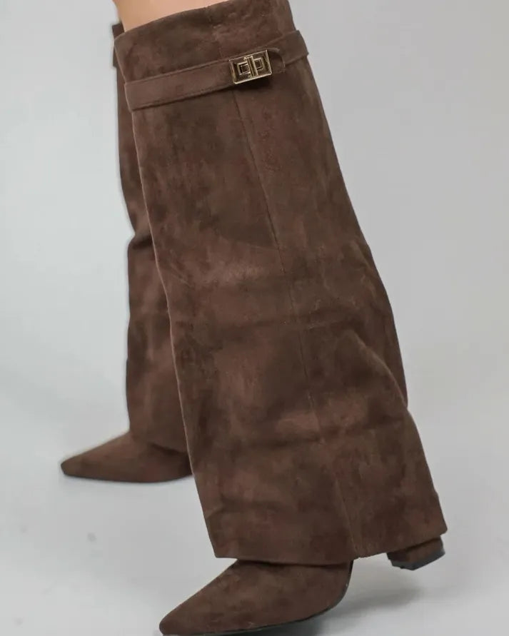 Taupe Faux Suede Slouchy Fold Over Shark Boots