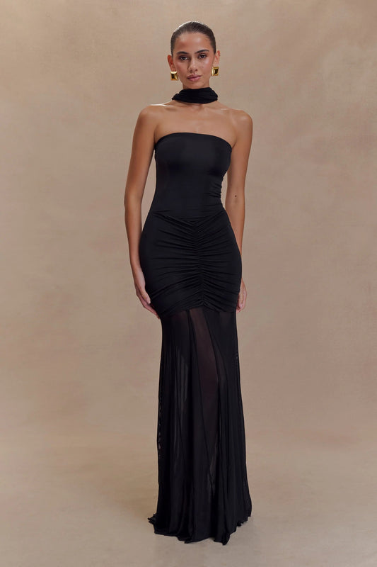 Caspian Slinky And Mesh Off Shoulder Maxi Dress