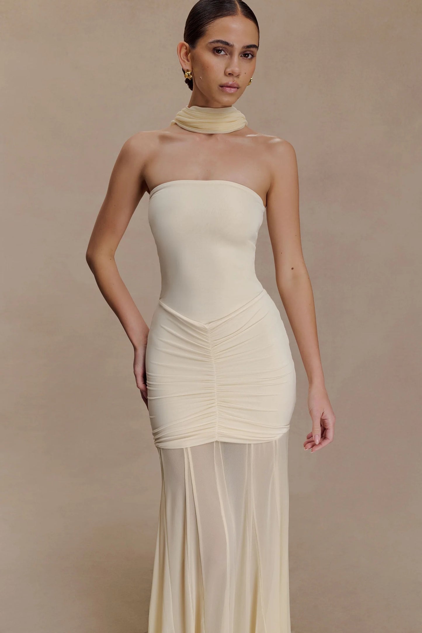 Caspian Slinky And Mesh Off Shoulder Maxi Dress