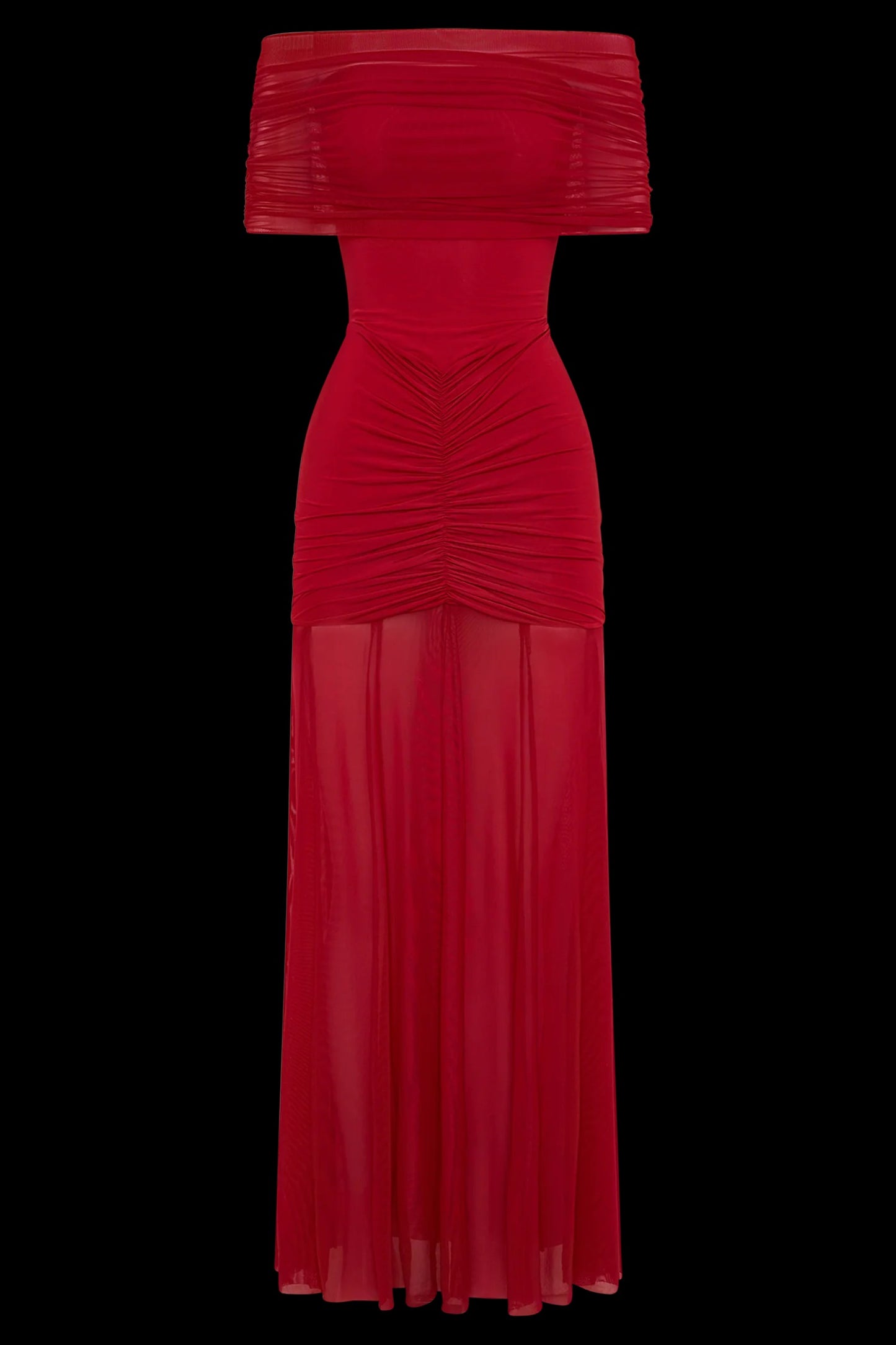 Caspian Slinky And Mesh Off Shoulder Maxi Dress