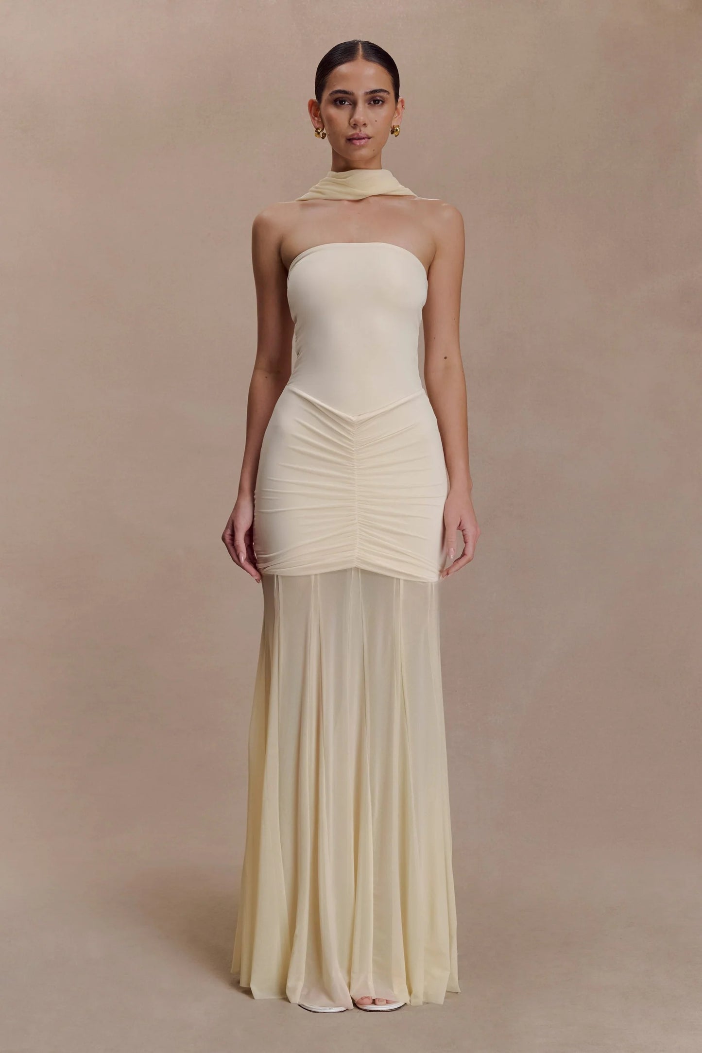 Caspian Slinky And Mesh Off Shoulder Maxi Dress