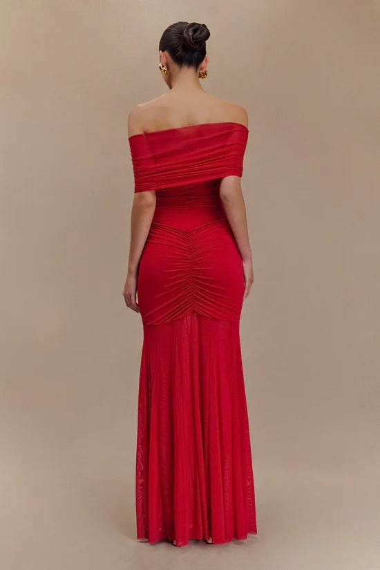 Caspian Slinky And Mesh Off Shoulder Maxi Dress