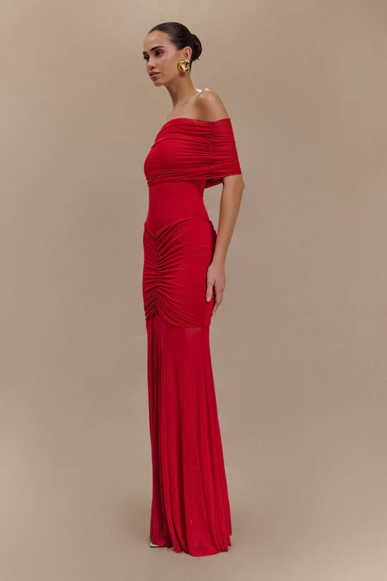Caspian Slinky And Mesh Off Shoulder Maxi Dress