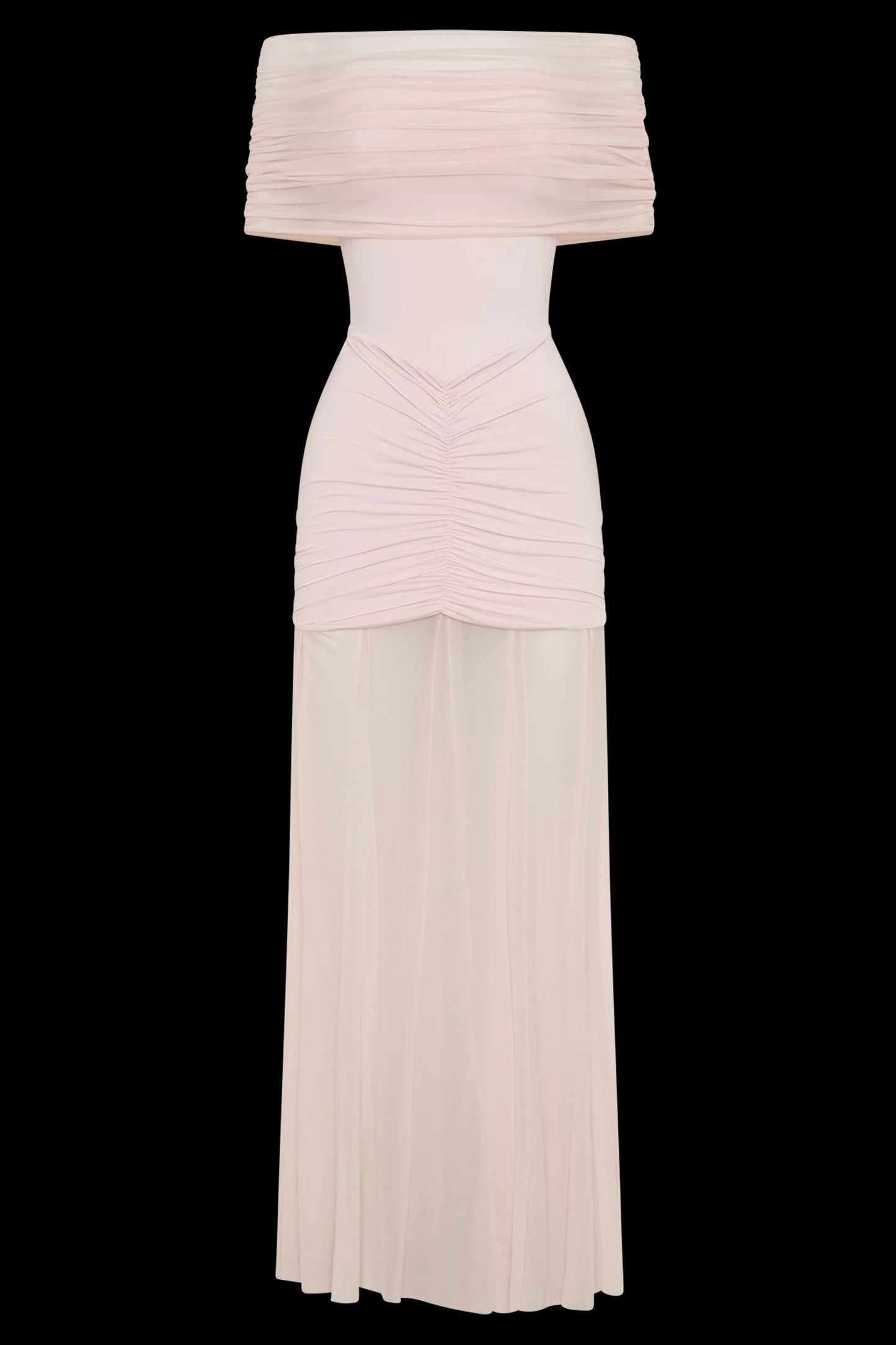 Caspian Slinky And Mesh Off Shoulder Maxi Dress