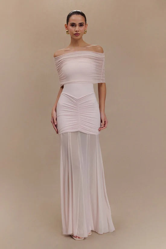 Caspian Slinky And Mesh Off Shoulder Maxi Dress