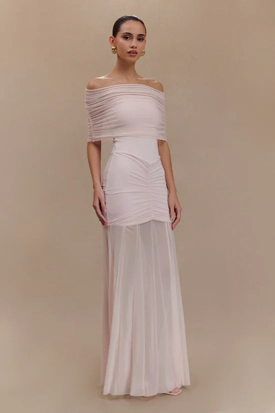 Caspian Slinky And Mesh Off Shoulder Maxi Dress