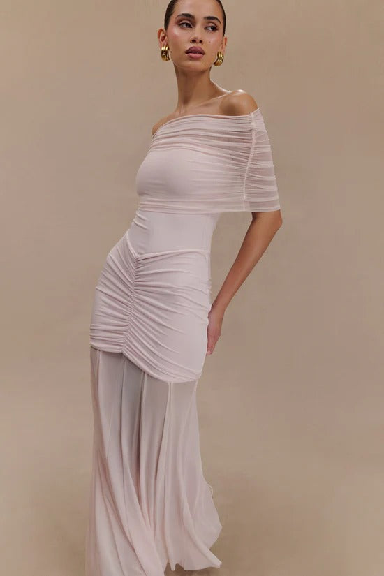 Caspian Slinky And Mesh Off Shoulder Maxi Dress