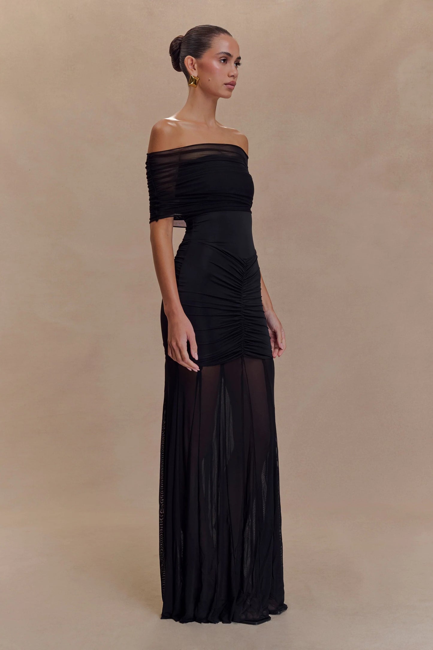 Caspian Slinky And Mesh Off Shoulder Maxi Dress