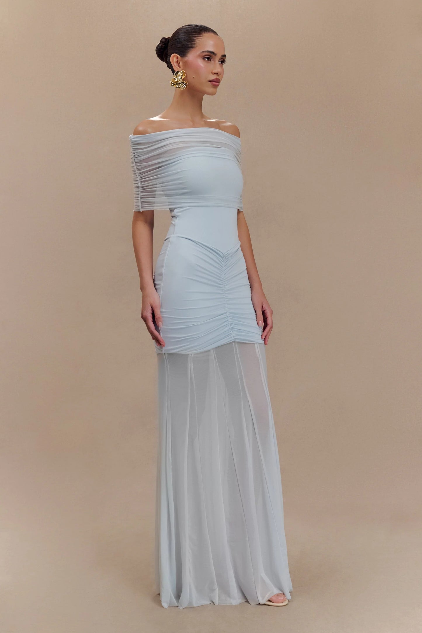 Caspian Slinky And Mesh Off Shoulder Maxi Dress
