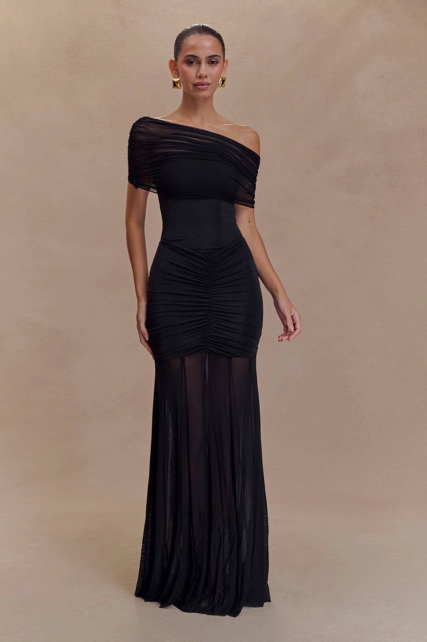 Caspian Slinky And Mesh Off Shoulder Maxi Dress