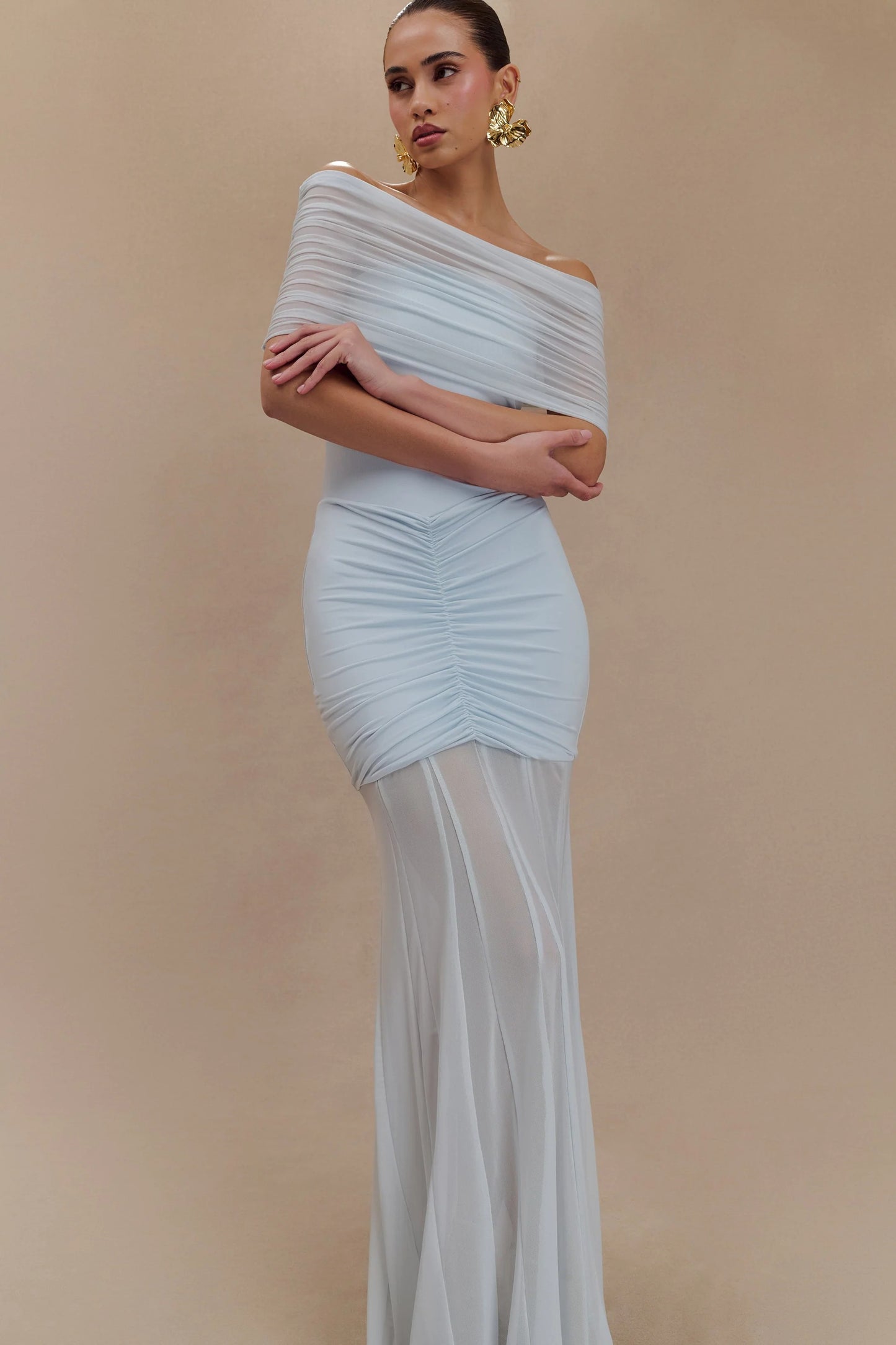 Caspian Slinky And Mesh Off Shoulder Maxi Dress