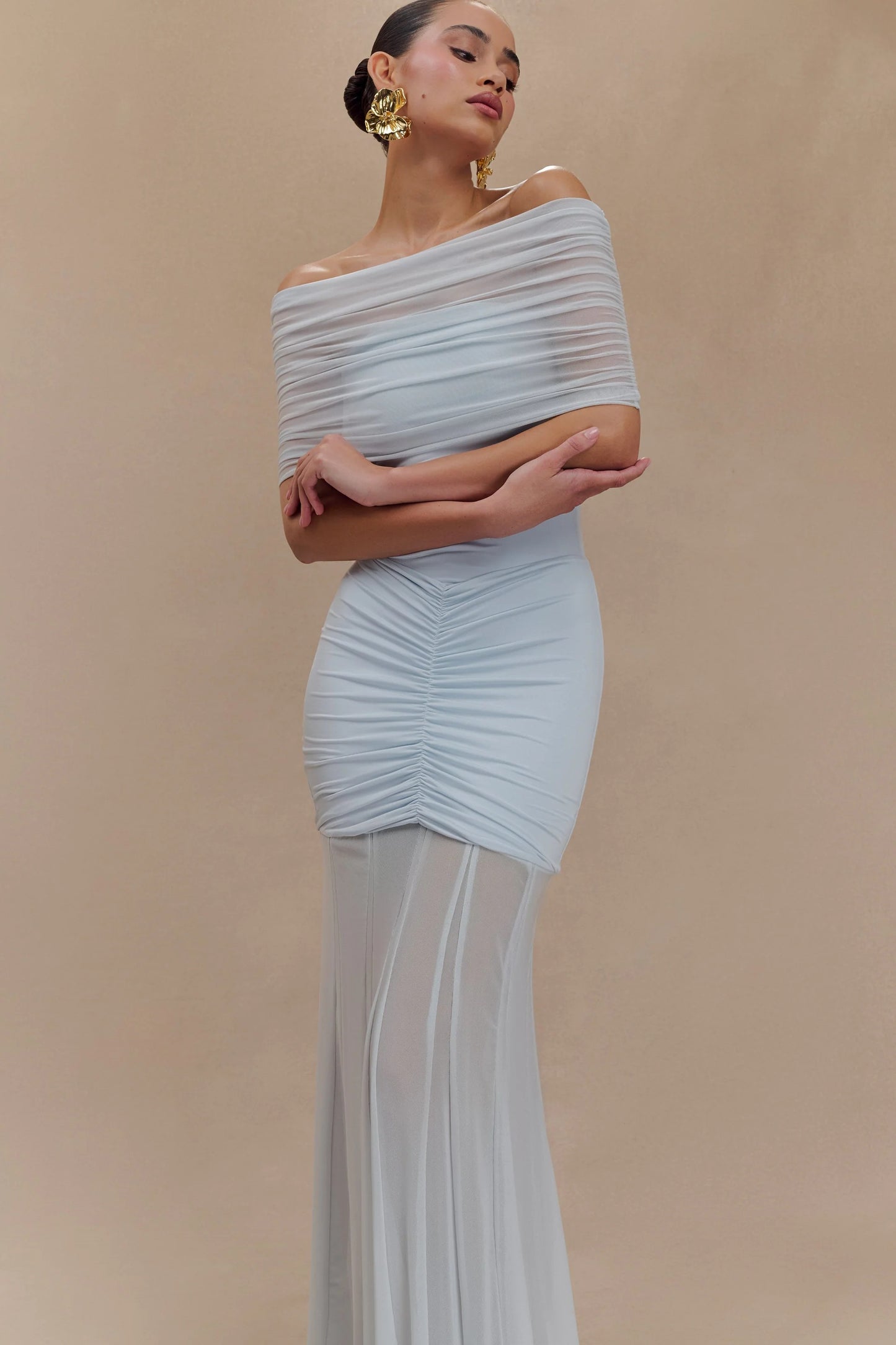 Caspian Slinky And Mesh Off Shoulder Maxi Dress